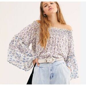 Free People Rose Valley Printed Blouse Top Shirt Size S White Blue Floral